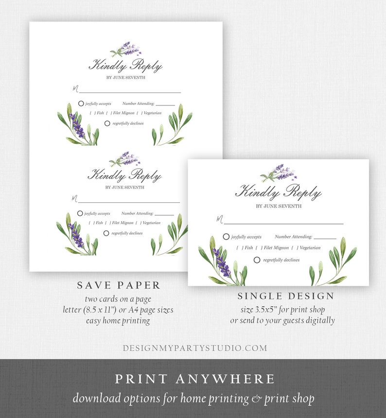 Editable Lavender RSVP Card Wedding Kindly Reply Response Card Greenery Foliage Boho Lilac Blush Purple Corjl Template Printable 0206
