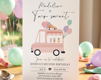 Könnte beinhalten: Eine weiße Geburtstagseinladungskarte mit einer Illustration eines rosa Eiswagens, pastellfarbenen Luftballons und dem Text Madeline is Two sweet, Join us to celebrate, JESSICA'S SECOND BIRTHDAY, July 22 und Veranstaltungsdetails.