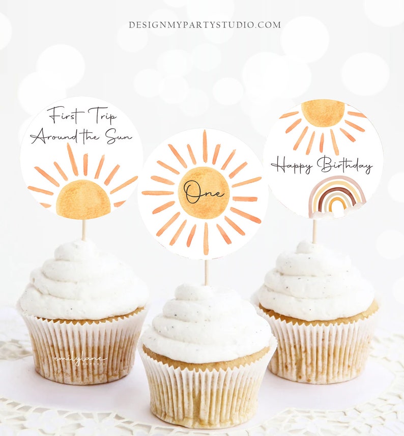 Sun Birthday Cupcake Toppers First Trip Around the Sun Favor Tags Sunshine Party Little Sunshine Decor 1st Download Digital PRINTABLE 0431 image 1
