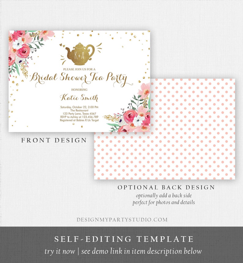 Editable Bridal Shower Tea Party Invitation Floral Tea pot Etsy