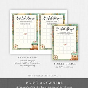 Editable Bridal Bingo Bridal Shower Game Travel Wedding Shower Activity Rustic Suitcases Vintage Map Party Digital Template Printable 0044 image 4