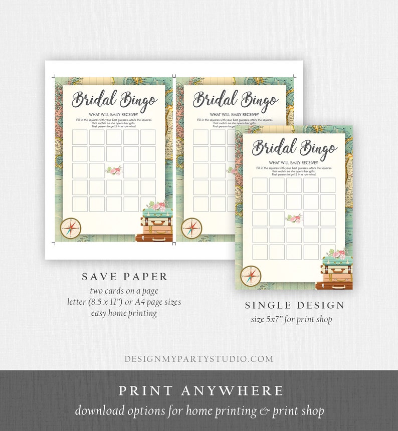 Editable Bridal Bingo Bridal Shower Game Travel Wedding Shower Activity Rustic Suitcases Vintage Map Party Digital Template Printable 0044 image 4