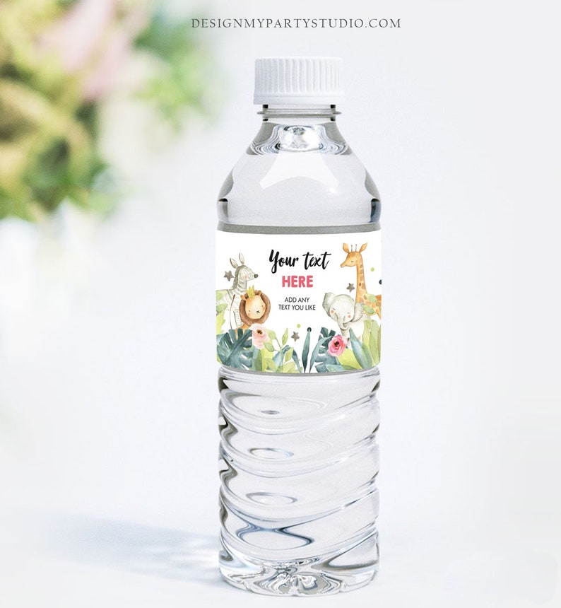 Editable Water Bottle Labels Safari Animals Girl Birthday Wild One Birthday Decor Jungle Pink and Gold Zoo Printable Corjl Template 0163 image 1