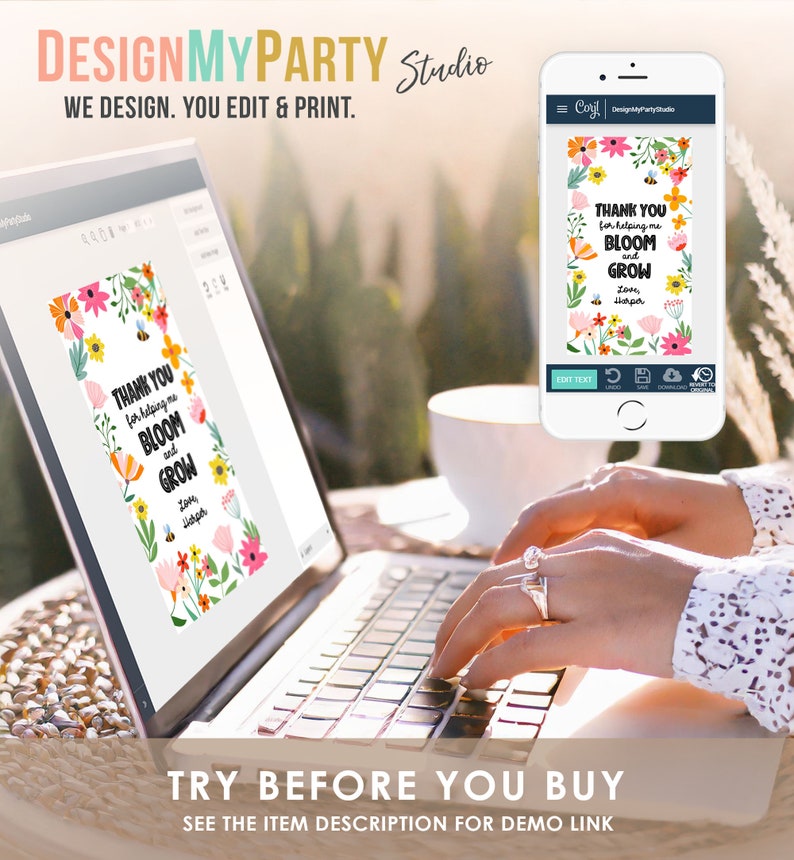 May include: A laptop screen displaying a digital design of a thank you card with a floral pattern and the text "Thank you for helping me bloom and grow". The card is surrounded by a white border. The laptop is on a table with a cup of coffee.