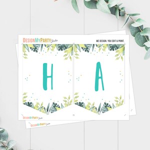 K&ouml;nnte beinhalten: Druckbare Girlande mit den Buchstaben "HA" in T&uuml;rkisblau auf wei&szlig;em Hintergrund. Die Girlande ist mit gr&uuml;nen und gelben Aquarellbl&auml;ttern und Konfetti verziert.