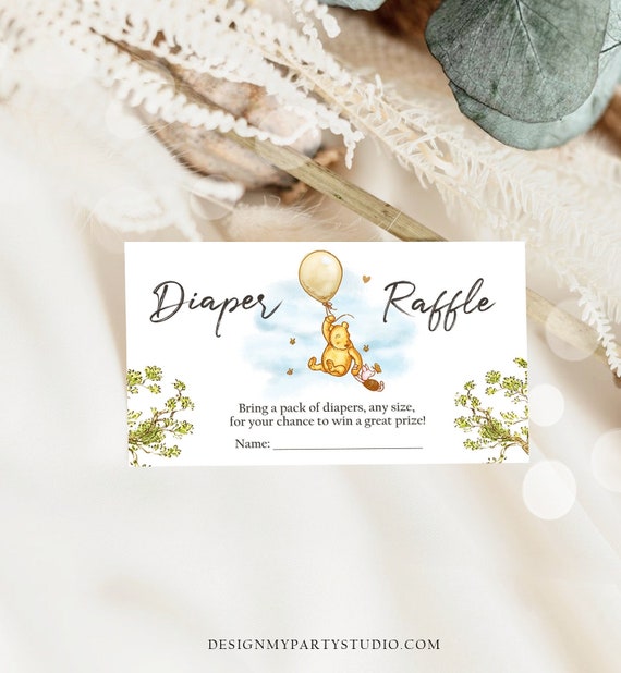 Editable Diaper Raffle Ticket Winnie The Pooh Diaper Game Card Classic 