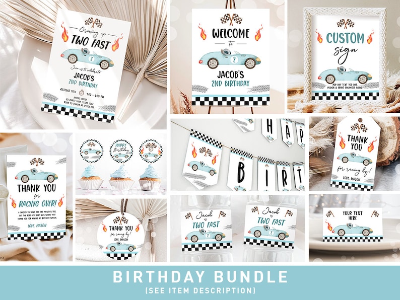 May include: A birthday party printable bundle with a racing car theme. The bundle includes invitations, thank you tags, cupcake toppers, a welcome sign, a custom sign, and a banner. The colors are blue, white, black, and red.