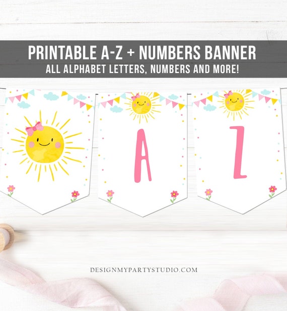 little sunshine birthday banner a z alphabet numbers banner first happy birthday banner pink girl bow my sunshine decor printable 0141 by design my party studio catch my party