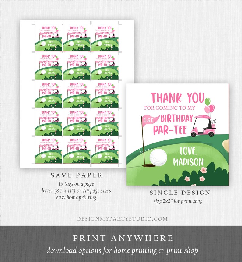 Editable Golf Favor Tags Golf Thank You Par-tee Stickers Golfing Birthday Hole in One 1st Birthday Girl Pink Download Corjl Template 0405 image 6