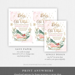 May include: Baby shower invitation with the text "Baby it's Cold Outside" in gold script. The design features a pink watercolor background, a pink sleigh, and a Christmas tree. The invitation includes event details.