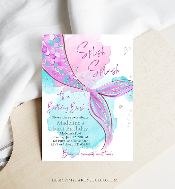 Editable Mermaid Birthday Party Invitation Girl Pink Purple Silver Mermaid Birthday Under The Sea Download Printable Template Corjl 0403 Il_570xn