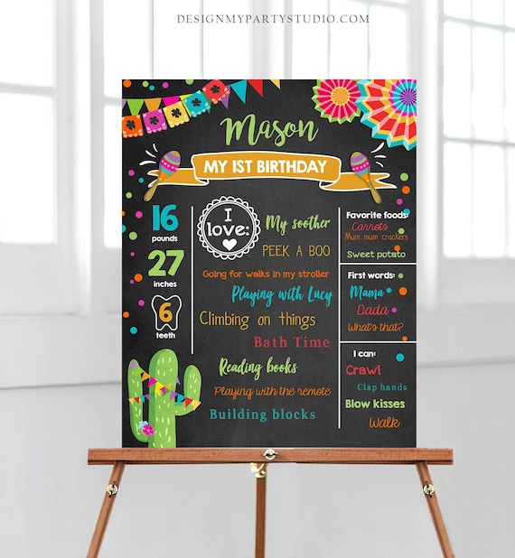 Editable First Fiesta Birthday Milestones Sign First Birthday Poster 1st Birthday Mexican Cactus Samba Chalk Corjl Template Printable 0045 Il_570xn