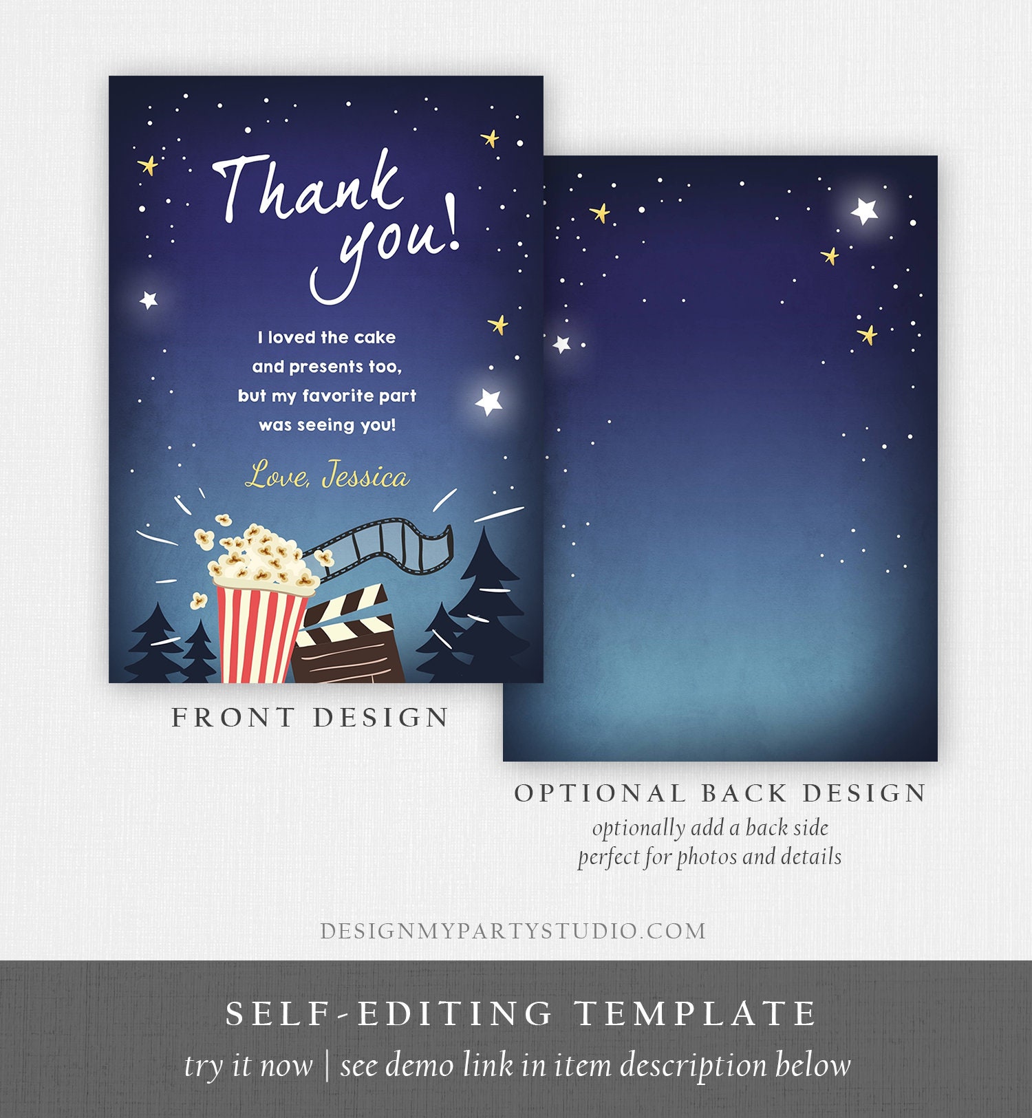 Editable Movie Night Thank You Card Birthday Outdoor Backyard | Etsy
