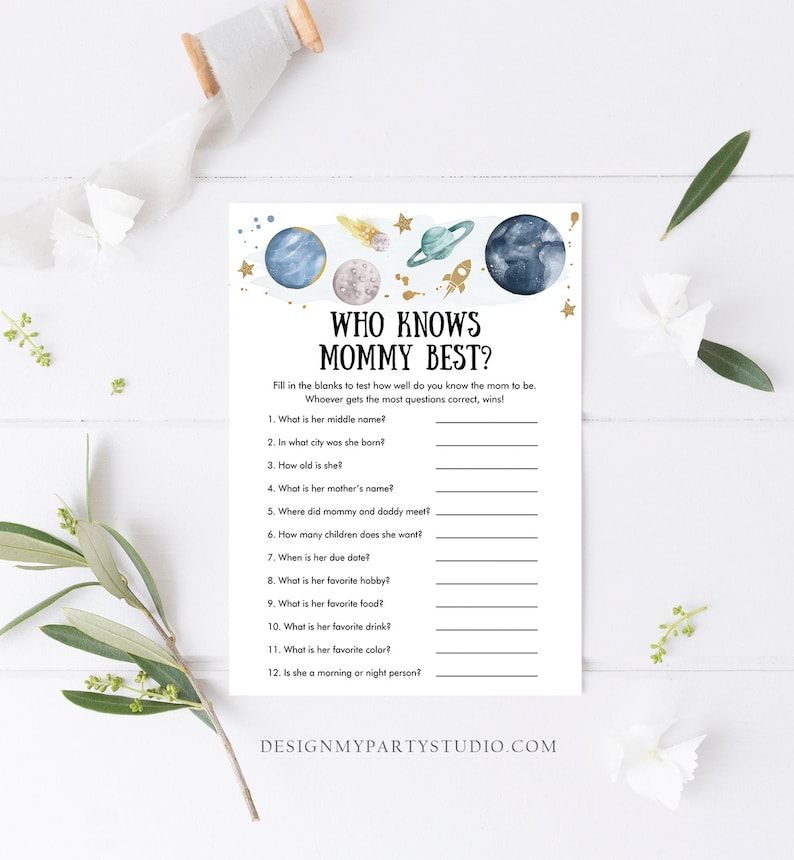 May include: A printable baby shower game with a space theme. The game is called "Who Knows Mommy Best?" and asks guests to fill in the blanks about the mum-to-be. The game features a watercolour illustration of planets, stars, and a rocket ship.