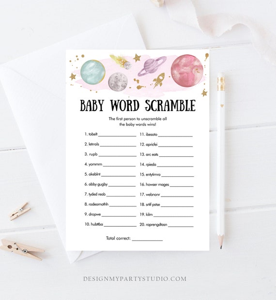 editable word scramble baby shower game word search outer space planets houston we have a girl rocket activity corjl template printable 0357 by design my party studio catch my party