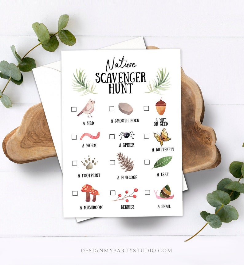 May include: A printable nature scavenger hunt checklist with illustrations of a bird, smooth rock, nut, worm, spider, butterfly, footprint, pinecone, leaf, mushroom, berries, and snail. The checklist has checkboxes next to each item.
