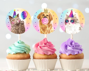 Cats and Dogs Cupcake Toppers Puppy Favor Tags Puppy Birthday Kitten Pink Girl Party Animals Birthday Decor Download Digital PRINTABLE 0460