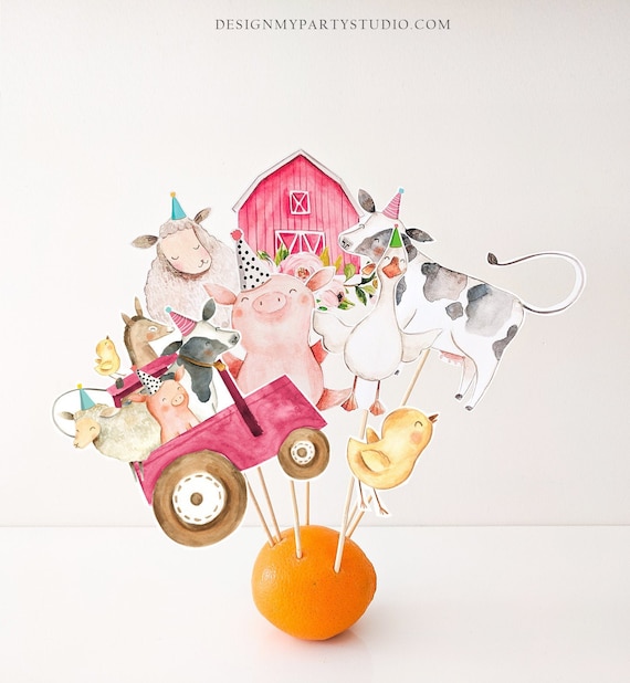 Printable Farm Centerpieces Farm Animals Birthday Party Farm Cake Topper Table Decor Barnyard Party Pink Tractor Girl DIY Digital 0155 Il_570xn