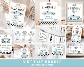Racing Car Birthday Invitation Bundle Blue Vintage Race Car Boy Second Birthday Growing Up Two Fast 2nd Digital Template Printable 0424