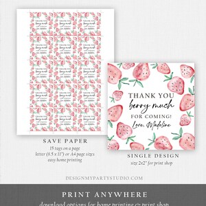 Pu&ograve; includere: Etichette di ringraziamento stampabili con un design di fragole ad acquerello. Le etichette recitano "Grazie mille per essere venuto! Con affetto, Madeline".