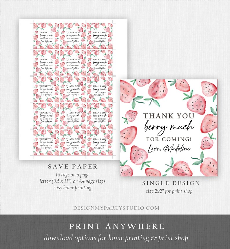 Pu&ograve; includere: Etichette di ringraziamento stampabili con un design di fragole ad acquerello. Le etichette recitano "Grazie mille per essere venuto! Con affetto, Madeline".