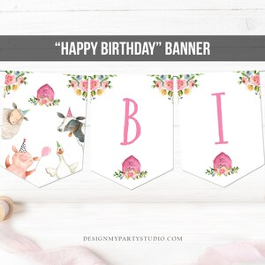 May include: A pink and white farm-themed birthday banner with the letters "BI" and a pink barn with flowers. The banner features illustrations of a pig, sheep, cow, and goose.