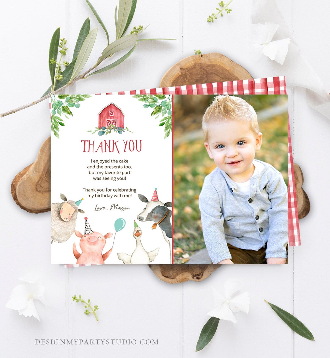 Editable Farm Animals Thank You Card Red Gingham Farm Birthday Boy ...