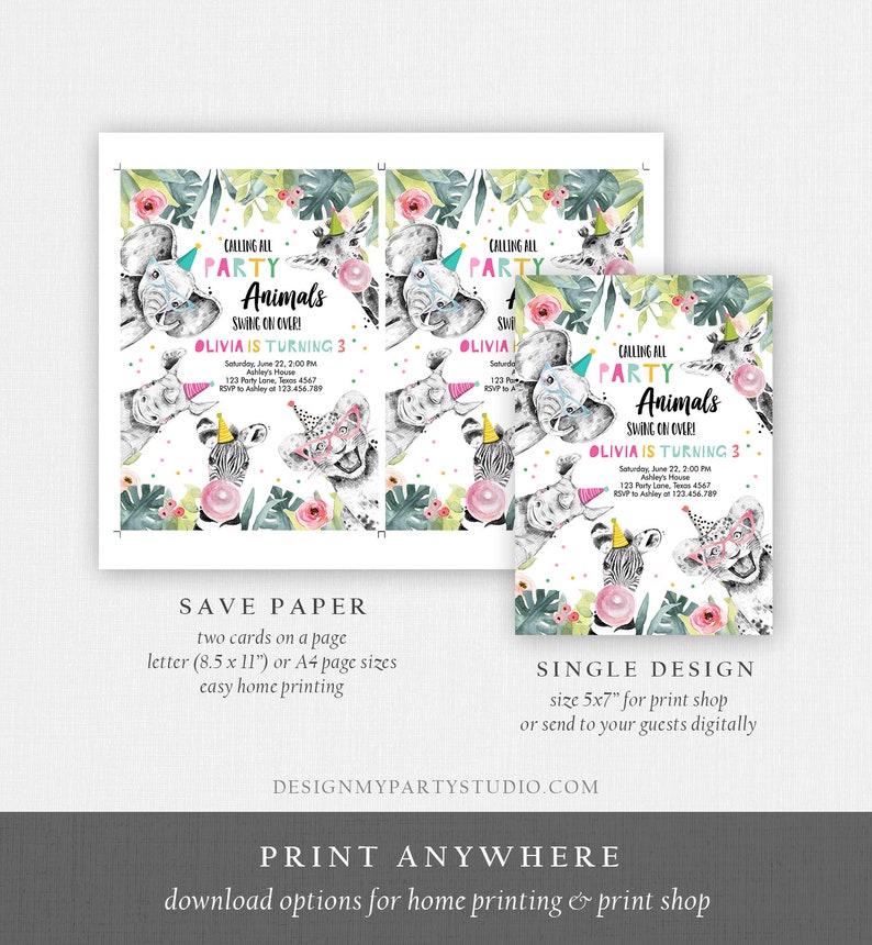 Puede incluir: Una invitaci&oacute;n imprimible para una fiesta de cumplea&ntilde;os infantil. La invitaci&oacute;n presenta un tema de selva con un fondo colorido e ilustraciones de animales como un elefante, una cebra, un le&oacute;n y una jirafa. El texto de la invitaci&oacute;n dice: "Calling all Party Animals Swing on Over! Olivia is turning 3".