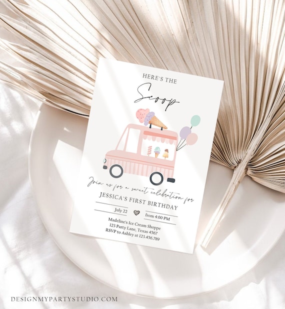 Editable Ice Cream Truck Birthday Invitation Ice Cream Truck Invite Modern Ice Cream Shoppe Van The Scoop Printable Template Corjl 0415 Il_570xn