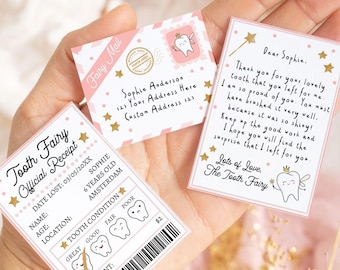 Editable Mini Tooth Fairy Set Pink Receipt and Letter with Envelope Tooth Fairy Kit Lost Tooth Fairy Note Digital Template Printable 0526