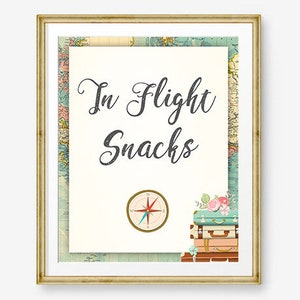 In-Flight Snacks Sign Travel Adventure Bridal Shower Wedding Birthday Vintage Globe Suitcase Adventure Instant Download Printable 0044