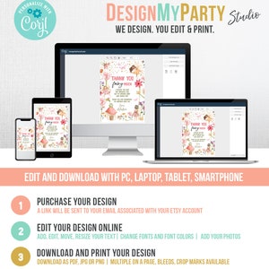 May include: A digital mockup of a thank you card with a fairy theme. The card features a pink and green color scheme with a watercolor illustration of a fairy and flowers. The text on the card reads "Thank you fairy much".