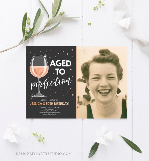 Editable Aged to Perfection Birthday Invitation Wine Adult Birthday Invite Rustic Surprise Gold Pink Download Printable Template Corjl 0252 Il_570xn