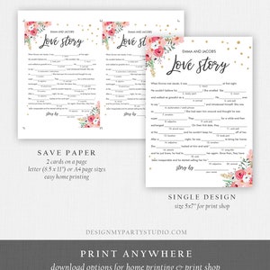 May include: Printable "Love Story" game cards featuring a pink floral design with gold glitter accents. The cards are designed for a wedding shower or bridal party game. The text on the cards reads "Love Story" and includes fill-in-the-blank prompts for guests to complete.