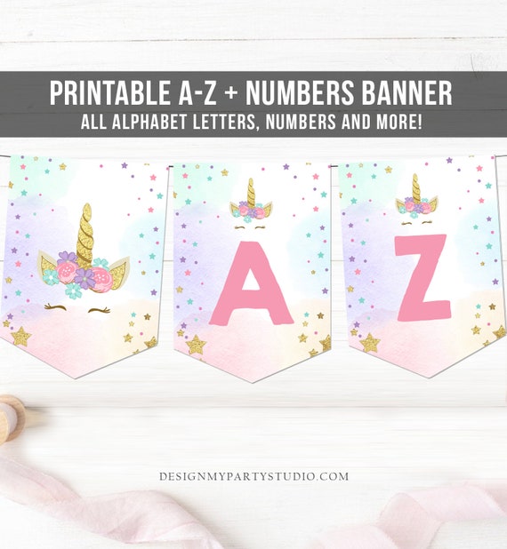 unicorn birthday banner a z alphabet numbers banner first etsy