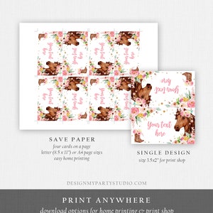 May include: Printable save the date cards featuring a watercolour illustration of a brown horse with a pink floral crown and a pink cowboy boot. The text "Your text here" is repeated on each card. The cards are designed for easy home printing and are also available in a single design for print shops.