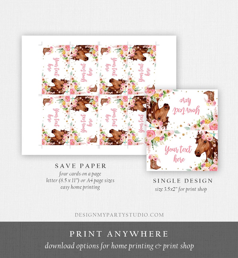 May include: Printable save the date cards featuring a watercolour illustration of a brown horse with a pink floral crown and a pink cowboy boot. The text "Your text here" is repeated on each card. The cards are designed for easy home printing and are also available in a single design for print shops.