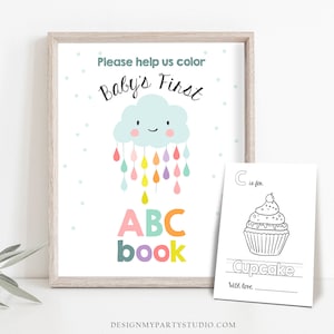 Op de afbeelding: Een printbare kleurplaat voor het eerste ABC-boekje van een baby. De pagina heeft een wolk met regendruppels en de letters ABC. De tekst "Help ons alstublieft om het eerste ABC-boekje van de baby in te kleuren" staat bovenaan de pagina.