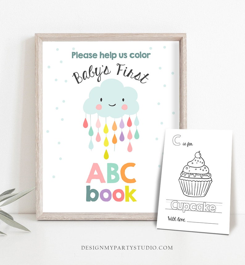 Op de afbeelding: Een printbare kleurplaat voor het eerste ABC-boekje van een baby. De pagina heeft een wolk met regendruppels en de letters ABC. De tekst "Help ons alstublieft om het eerste ABC-boekje van de baby in te kleuren" staat bovenaan de pagina.
