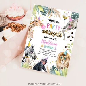 May include: A colorful party invitation with a jungle theme. The invitation features a giraffe, zebra, monkey, lion, and elephant. The text reads "Calling all party animals! Swing on over! Maddison is turning 3. Saturday, June 22, 2:00 PM. Ashley's House. 123 Party Lane, Texas 4567. RSVP to Ashley at 123.456.789. DesignMyPartyStudio.com"