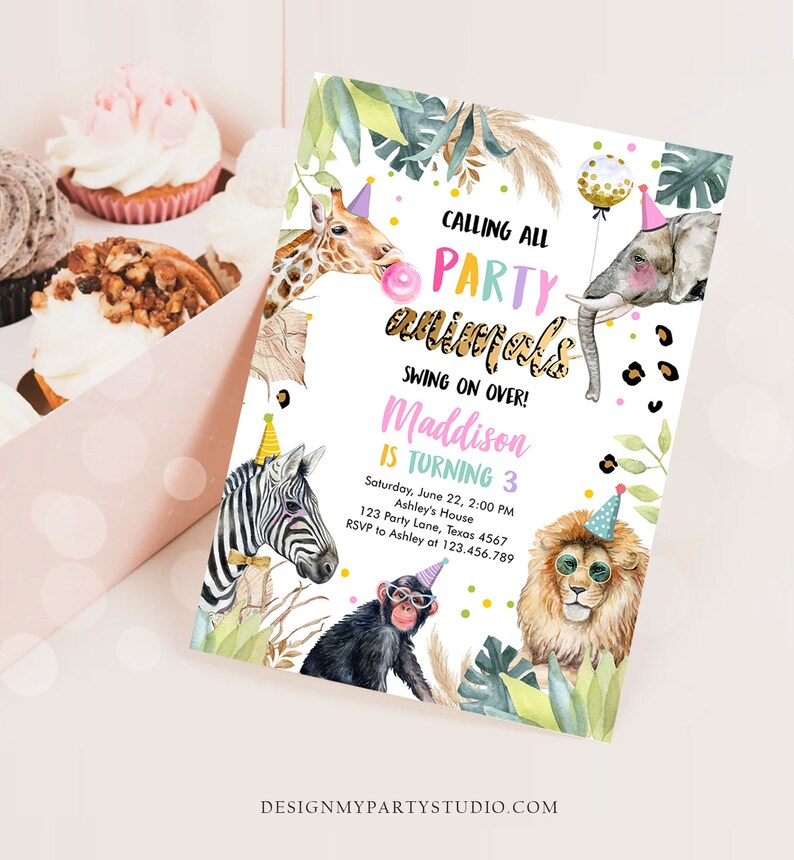 May include: A colorful party invitation with a jungle theme. The invitation features a giraffe, zebra, monkey, lion, and elephant. The text reads "Calling all party animals! Swing on over! Maddison is turning 3. Saturday, June 22, 2:00 PM. Ashley's House. 123 Party Lane, Texas 4567. RSVP to Ashley at 123.456.789. DesignMyPartyStudio.com"