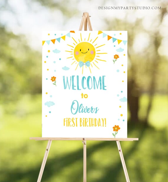 Editable Sunshine Welcome Sign Little Sunshine Birthday Party Blue Boy Lemonade and Fun Lemonade Stand Summer Template PRINTABLE Corjl 0141 Il_570xn