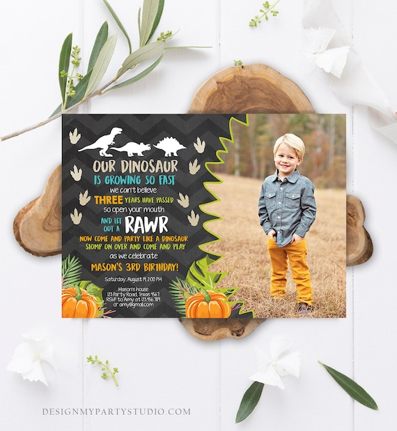 Editable Dinosaur Birthday Invitation Pumpkin Fall Pumpkin Patch Dino Dig Party Prehistoric Boy Chalk T-Rex Printable Template Corjl 0043 Il_570xn