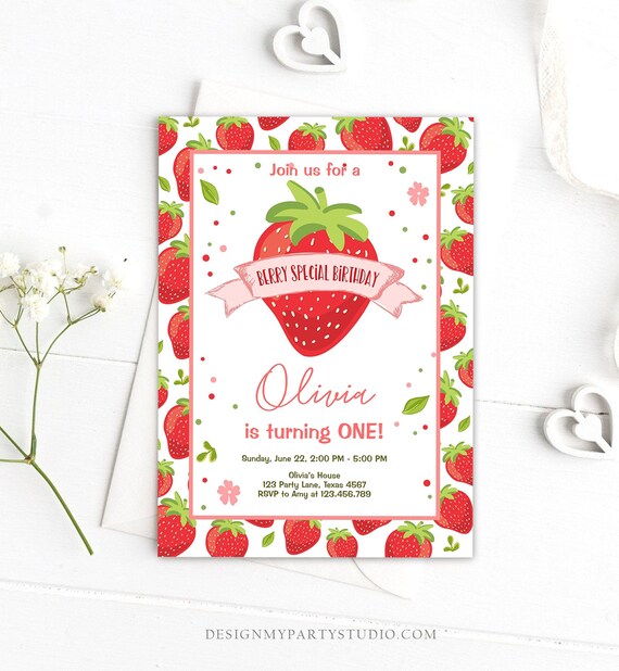 Editable Strawberry Birthday Invitation First Birthday Berry Special Editable Strawberry Birthday Invitation First Birthday Berry Special