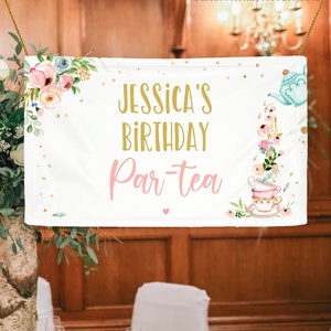 Editable Tea Birthday Backdrop Tea for Two Birthday Girl Pink Gold Floral Tea Party Par-tea Whimsical Tea Corjl Template Printable 0349 image 2