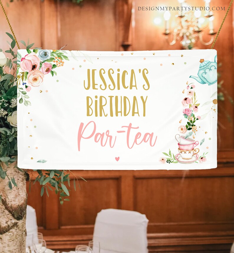 Editable Tea Birthday Backdrop Tea for Two Birthday Girl Pink Gold Floral Tea Party Par-tea Whimsical Tea Corjl Template Printable 0349 image 2