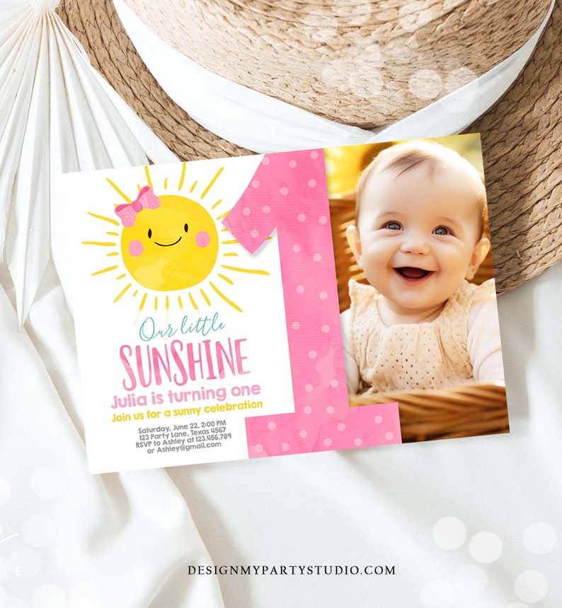 Editable Our Little Sunshine Birthday Invitation Sunshine Party Pink Girl Summer First Birthday Download Printable Corjl Template 0141 image 3