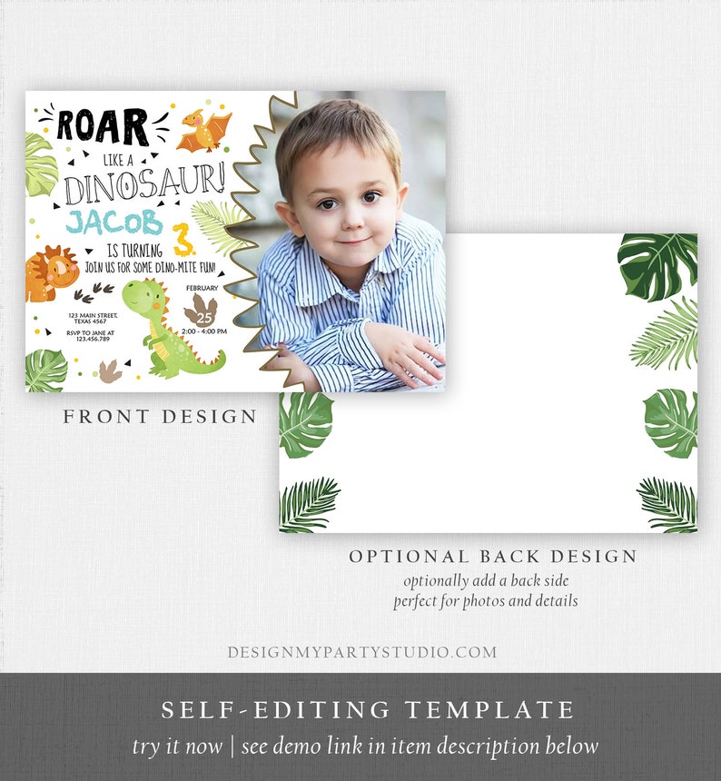 Editable Dinosaur Birthday Invitation Dino Dig Party Prehistoric Boy T-Rex Roar Fossil Party Digital Download Printable Template Corjl 0283 image 4