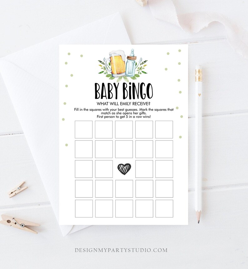 May include: A printable baby shower bingo card with a green and yellow floral design. The card has a title that says "Baby Bingo" and instructions that say "What will Emily receive?" Fill in the squares with your best guesses. Mark the squares that match as she opens her gifts. First person to get 5 in a row wins!"