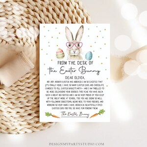 May include: A printable Easter card featuring a cartoon bunny wearing pink glasses and holding a basket of Easter eggs. The card has a green and yellow polka dot background and the text "From the desk of the Easter Bunny Dear Olivia, Hip, hop, hooray! Easter has arrived! I am so excited that it's finally here. I have so many Easter eggs and chocolate candies to fill Easter baskets with - and I am thrilled to be here delivering your goodies this year. You have been such a great big sister and I am so very proud of you. Keep up the great work at school, too. You are doing so well with following directions, being nice to your friends, and working so very hard. I have hidden 24 beautifully dyed Easter eggs for you, so have fun finding them! The Easter Bunny"